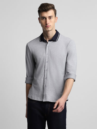 Men's Regular Collar Slim Fit Solid Light Grey Casual Shirts