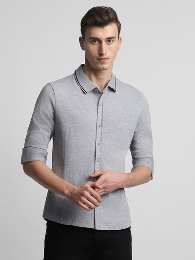 Men's Regular Collar Slim Fit Solid Light Grey Casual Shirts