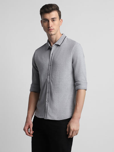 Men's Regular Collar Slim Fit Solid Light Grey Casual Shirts