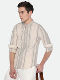Dennis Lingo Men's Mandarin Collar Slim Fit Stripes Khaki Casual Shirts
