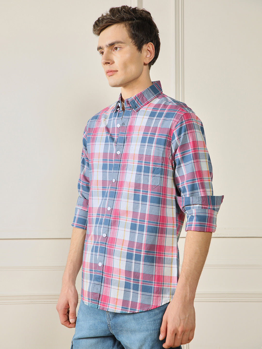 Dennis Lingo Men's Tartan checks Multicolor 100% Cotton Casual Shirt