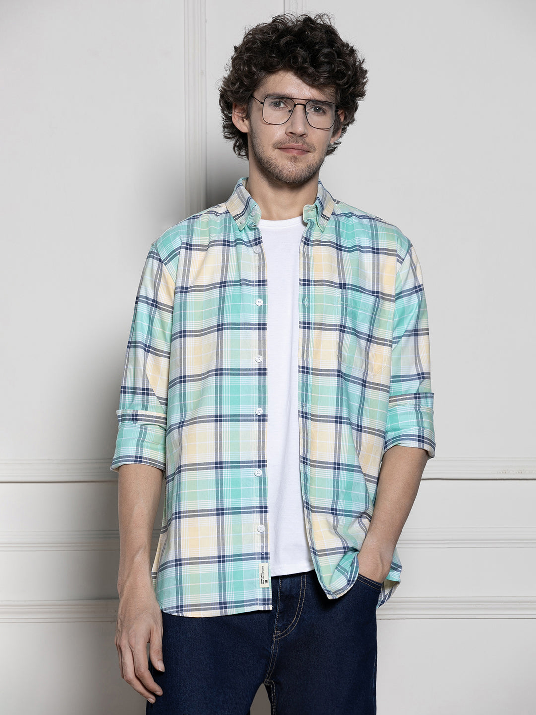 Dennis Lingo Men's Green Tartan Checks Casual Cotton Shirt