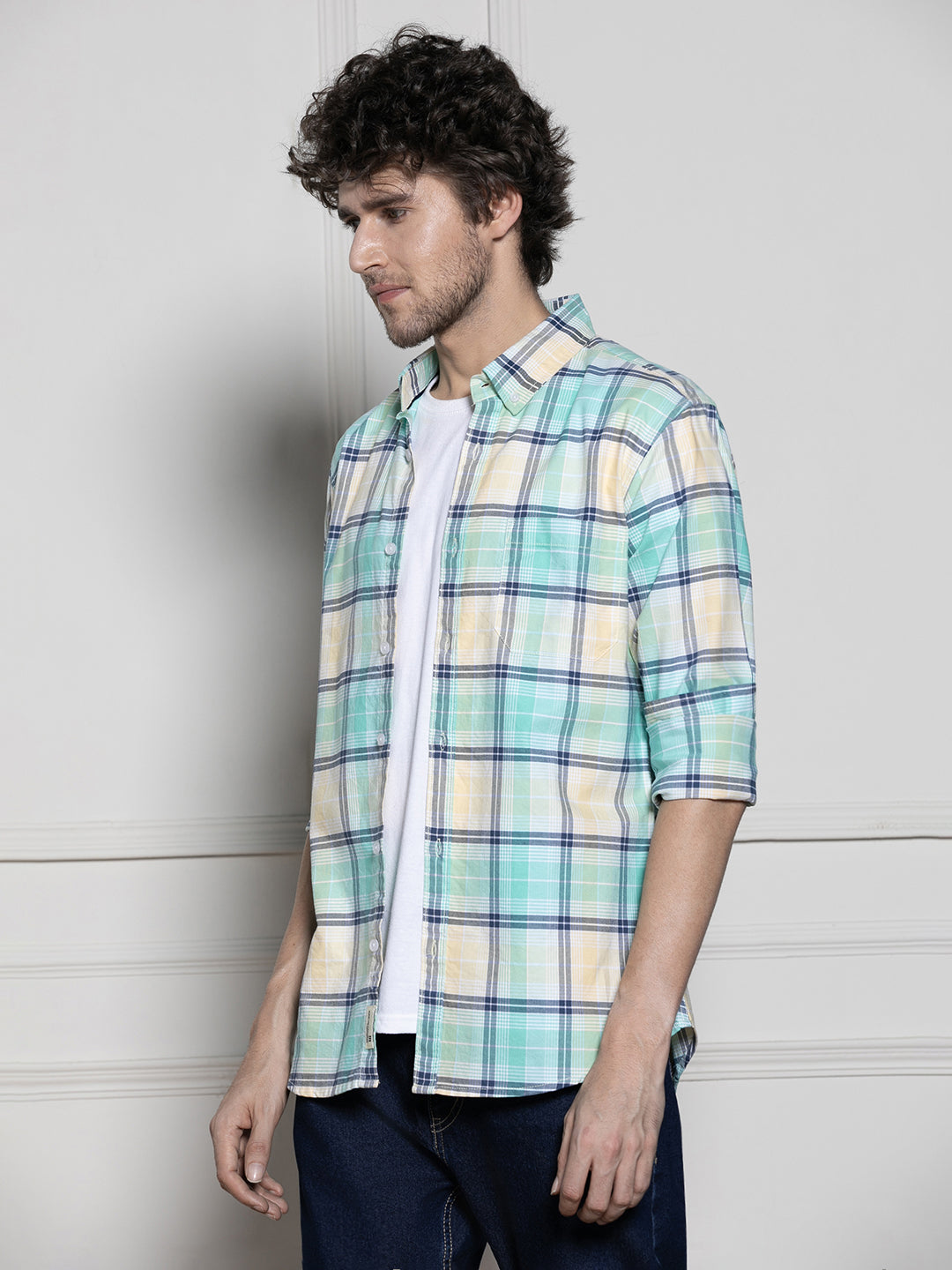 Men's Green Tartan Checks Casual Cotton Shirt