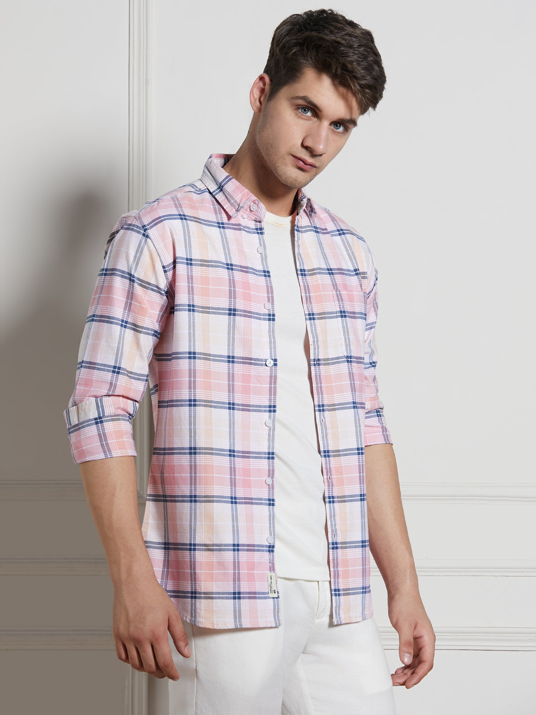 Men's Pink Cotton Checked Spread Collar Casual Shirt