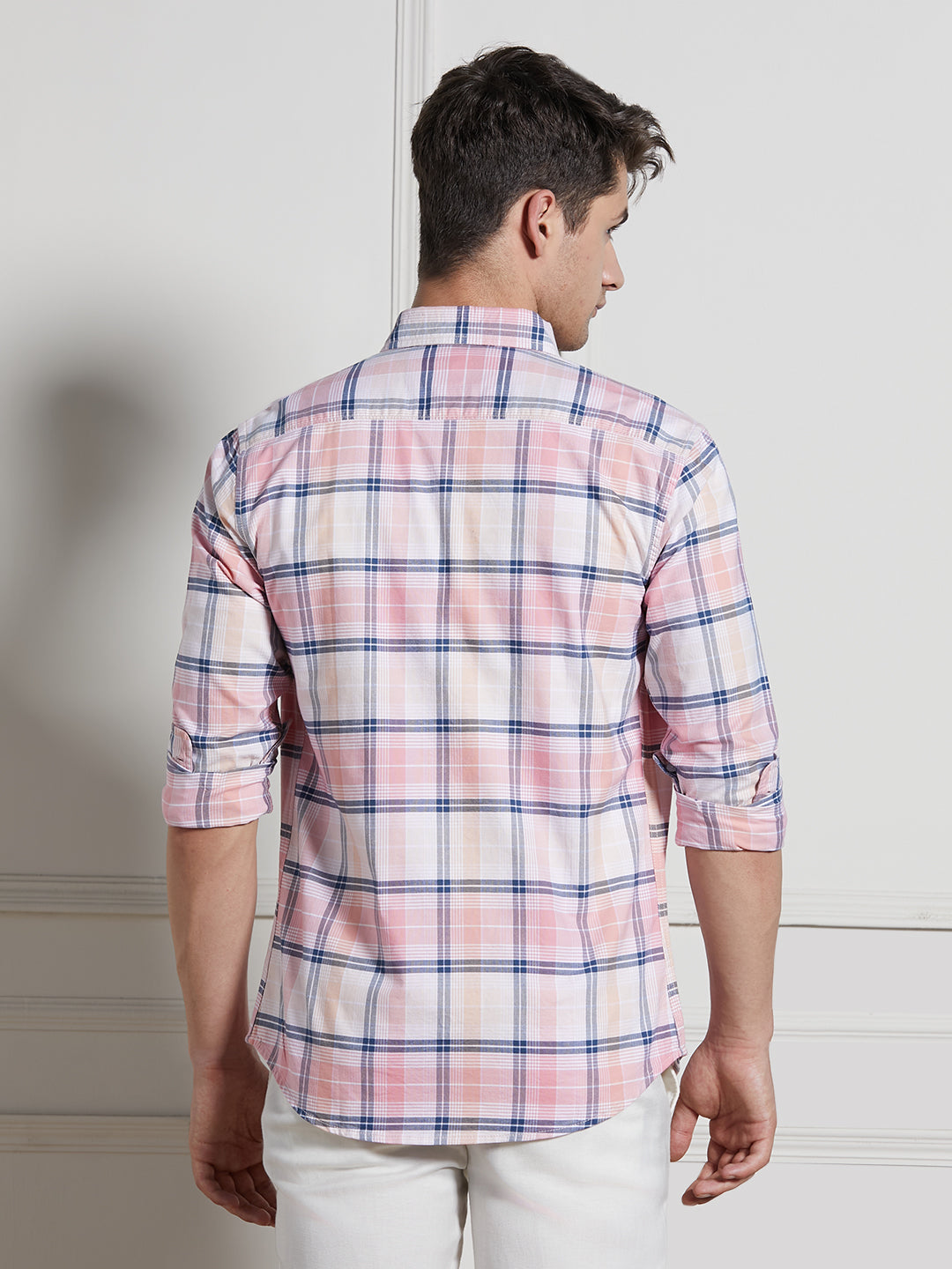 Men's Pink Cotton Checked Spread Collar Casual Shirt