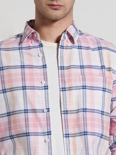 Men's Pink Cotton Checked Spread Collar Casual Shirt