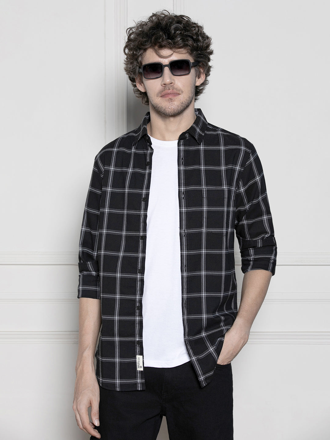 Men's Black Windowpane Checks Casual Cotton Shirt