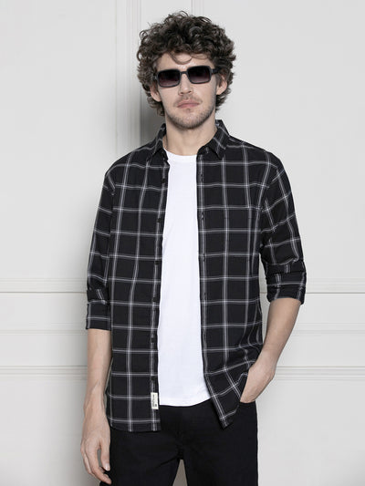 Men's Black Windowpane Checks Casual Cotton Shirt