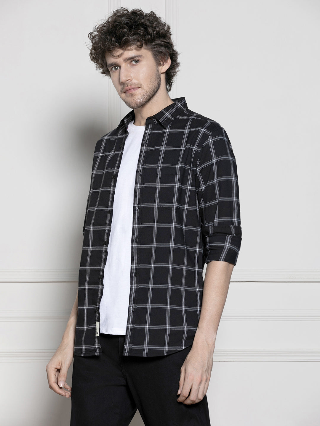 Men's Black Windowpane Checks Casual Cotton Shirt