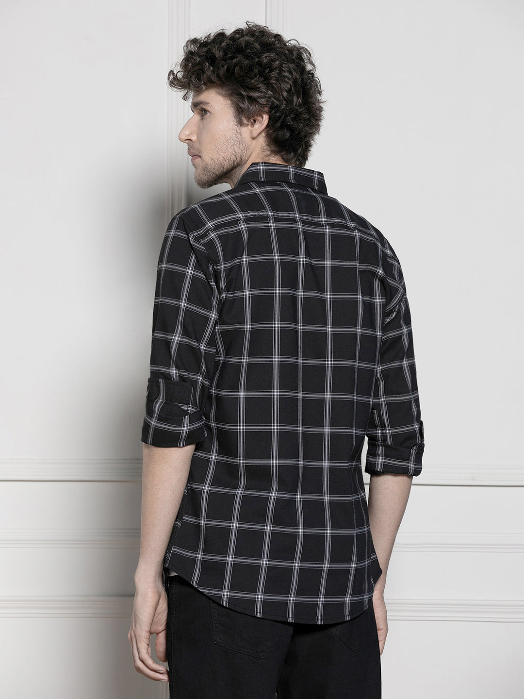 Men's Black Windowpane Checks Casual Cotton Shirt
