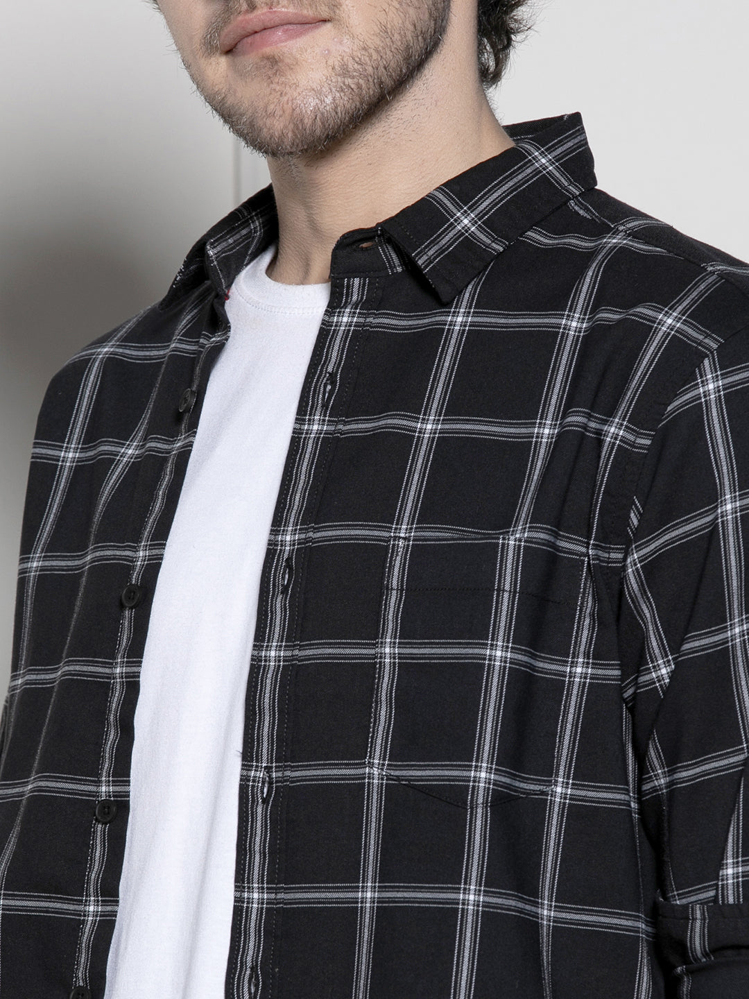 Men's Black Windowpane Checks Casual Cotton Shirt