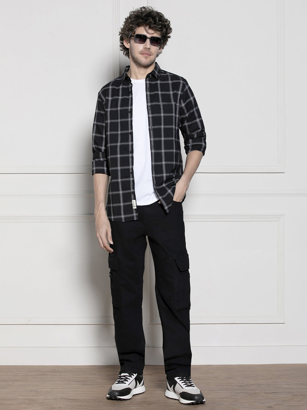 Men's Black Windowpane Checks Casual Cotton Shirt