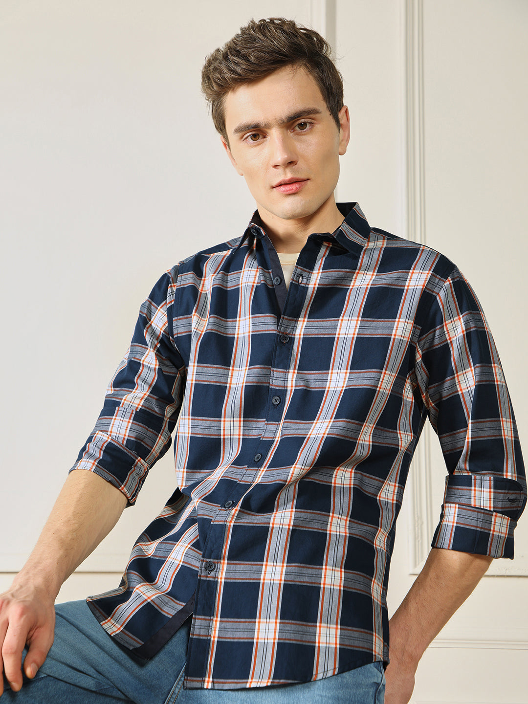 Men's Navy  Tartan checks 100% Cotton Casual Shirt