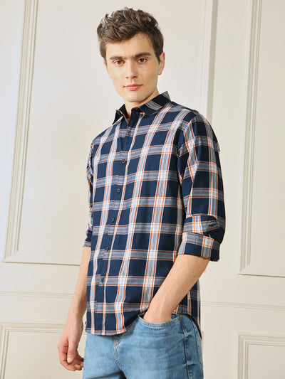 Dennis Lingo Men's Navy  Tartan checks 100% Cotton Casual Shirt