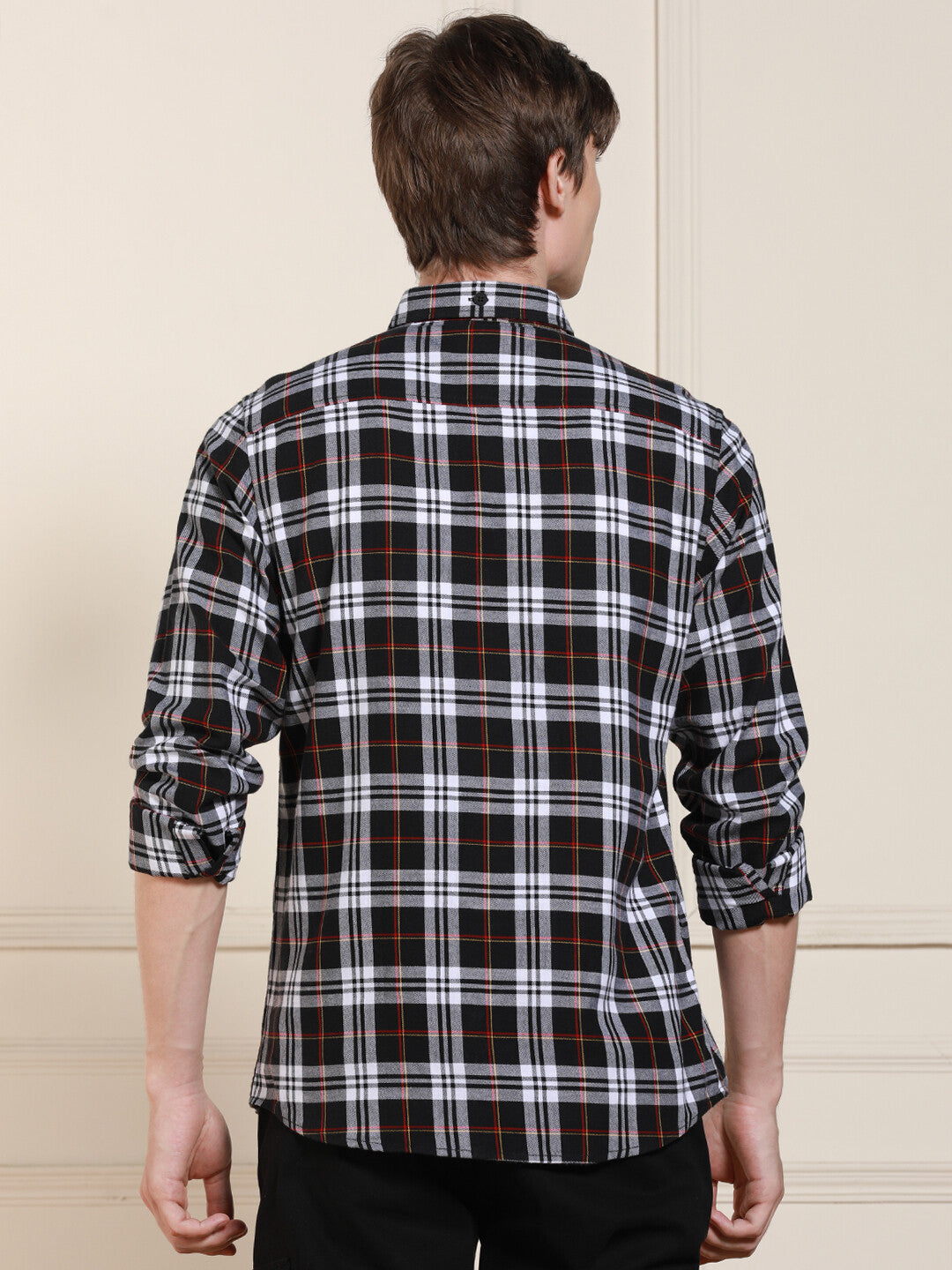 Men's Black Tartan Checks Spread Collar Full Sleeves Casual Shirt