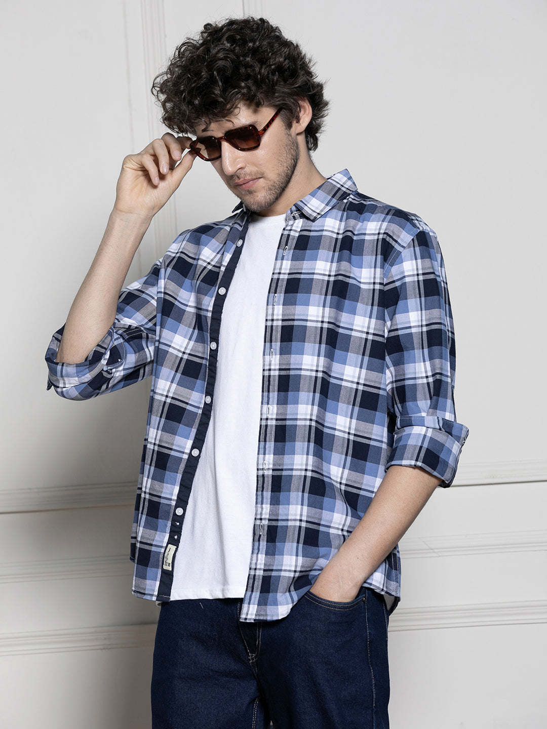 Men's Navy blue Tartan Checks Casual Cotton Shirt