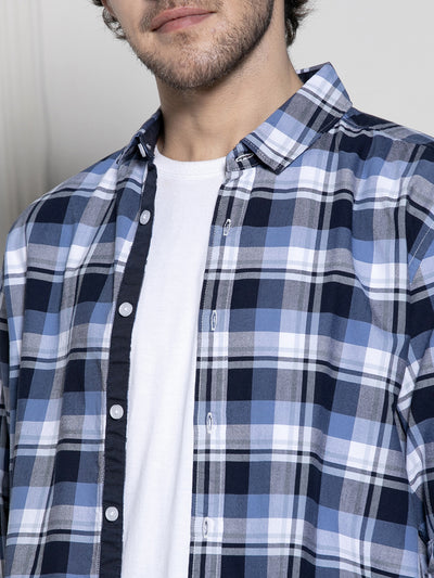 Men's Navy blue Tartan Checks Casual Cotton Shirt