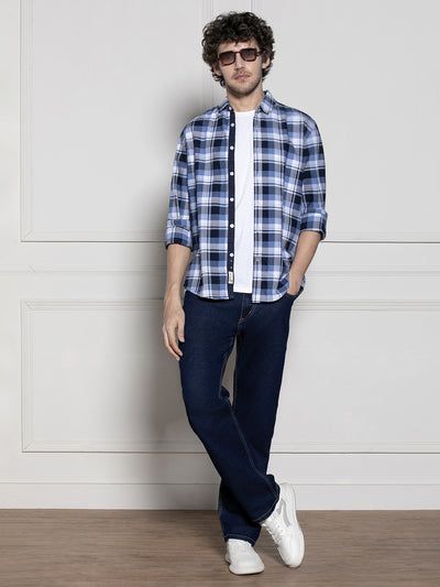 Men's Navy blue Tartan Checks Casual Cotton Shirt