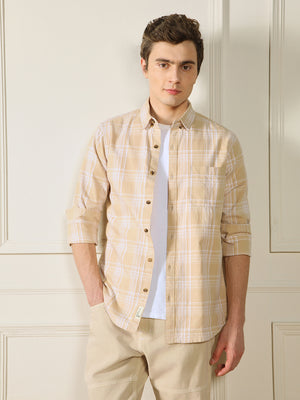 Men's Khaki Tartan Checks 100% Cotton Casual Shirt