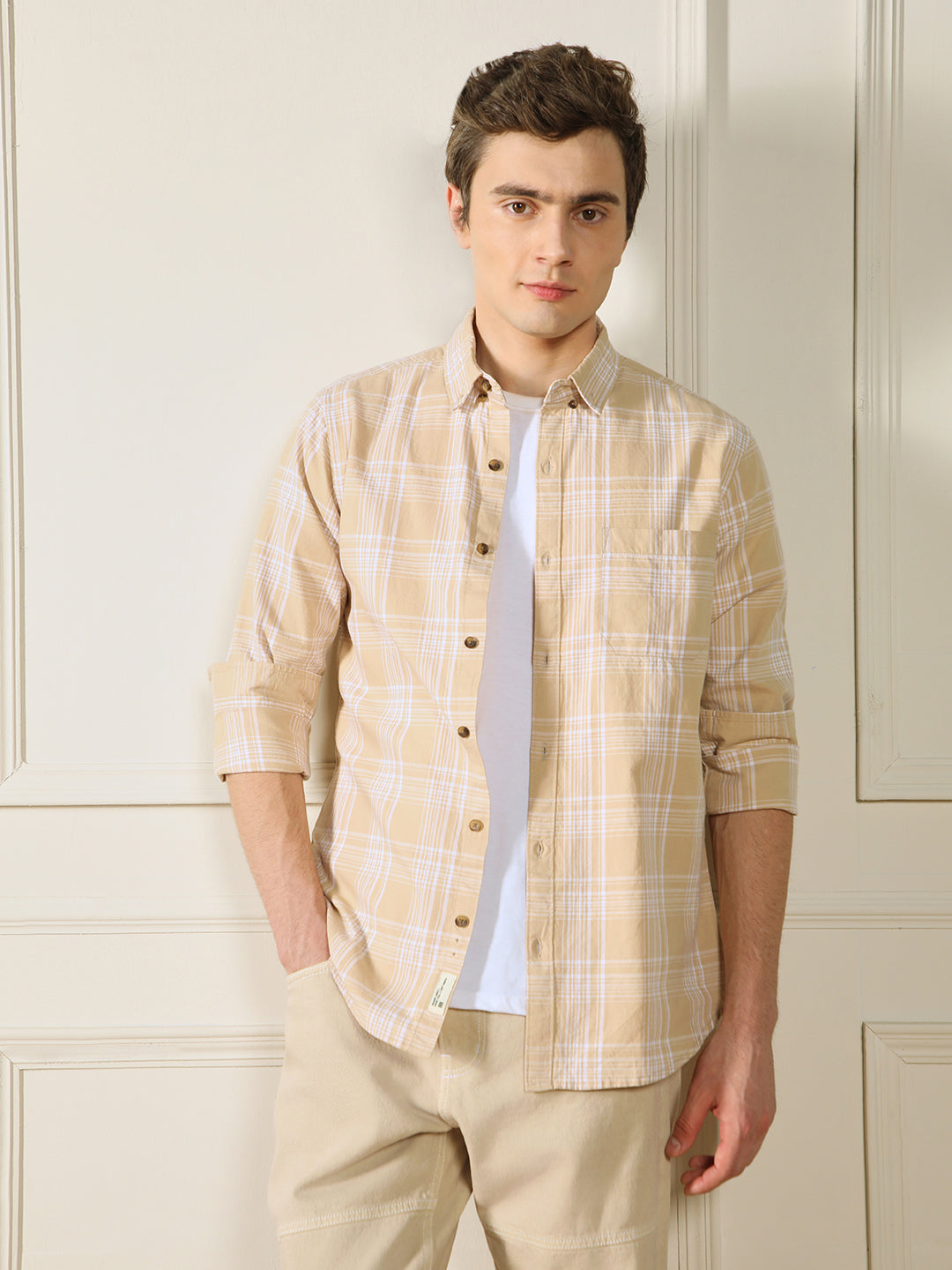 Dennis Lingo Men's Khaki Tartan Checks 100% Cotton Casual Shirt