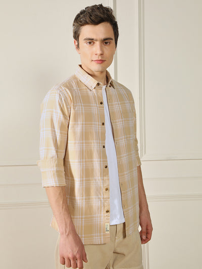 Men's Khaki Tartan Checks 100% Cotton Casual Shirt
