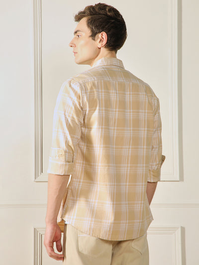 Men's Khaki Tartan Checks 100% Cotton Casual Shirt