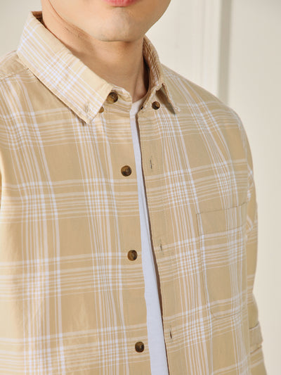 Men's Khaki Tartan Checks 100% Cotton Casual Shirt