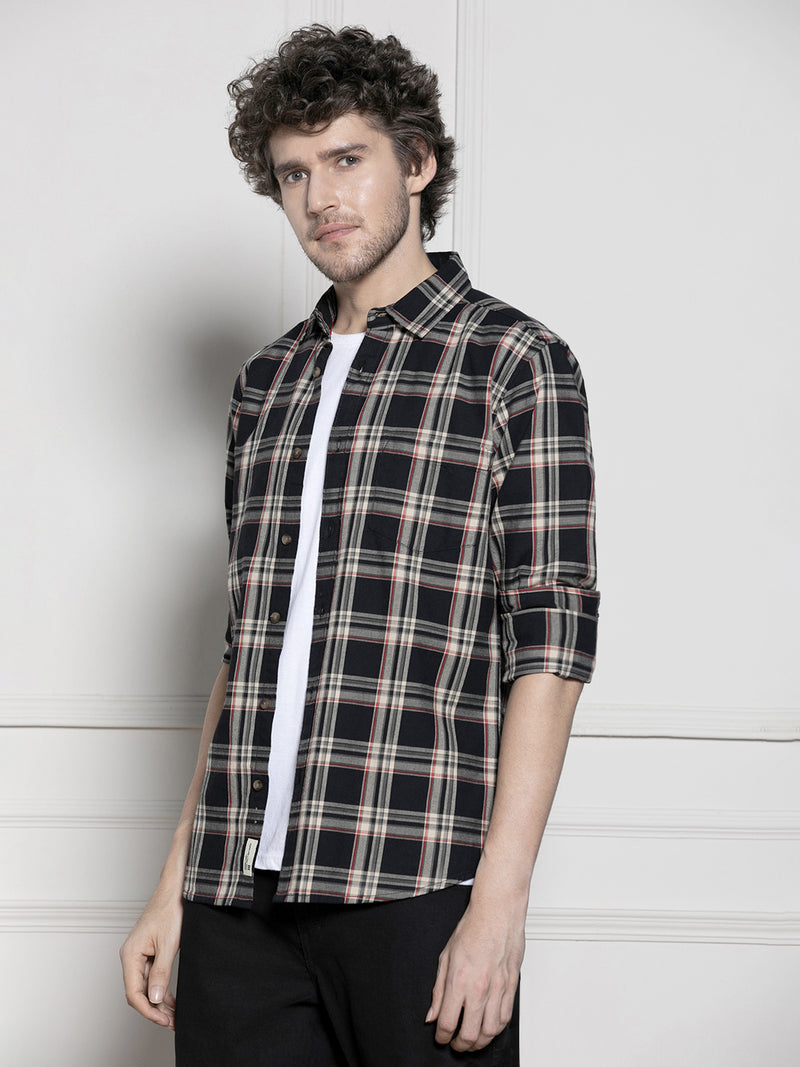 Men's Black Tartan Checks Casual Cotton Shirt