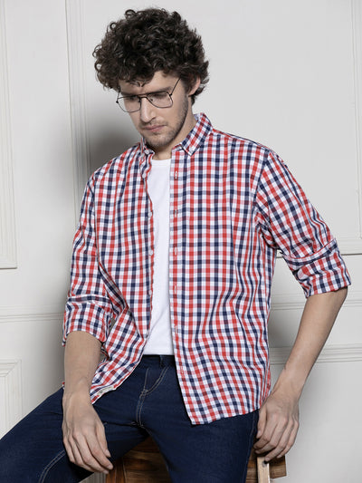 Men's Red Gingham Checks Casual Cotton Shirt