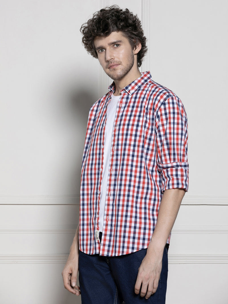 Men's Red Gingham Checks Casual Cotton Shirt