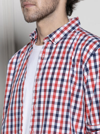 Men's Red Gingham Checks Casual Cotton Shirt