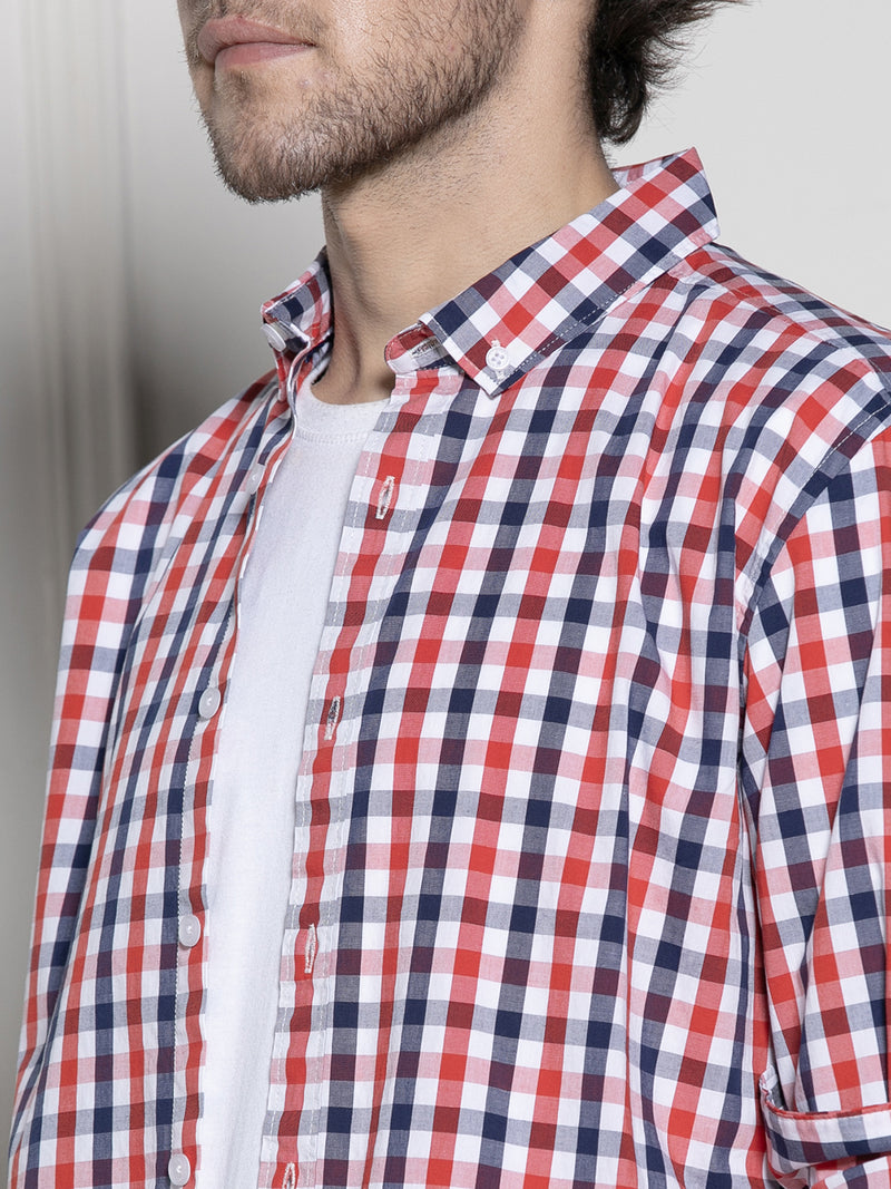 Men's Red Gingham Checks Casual Cotton Shirt