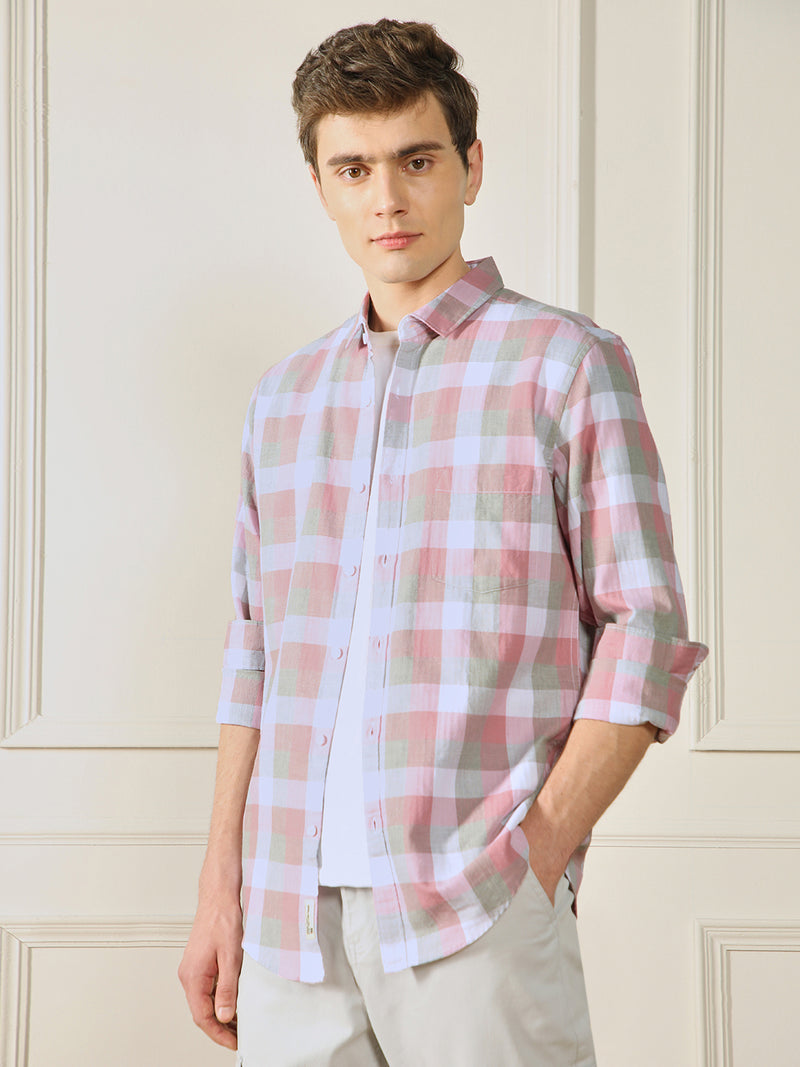 Men's Spread Collar Regular Fit Checks Red Casual Cotton Shirt