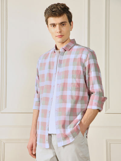 Men's Spread Collar Regular Fit Checks Red Casual Cotton Shirt