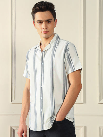 Dennis Lingo Men's  White Viscose Vertical stripes Cuban collar Casual Shirt