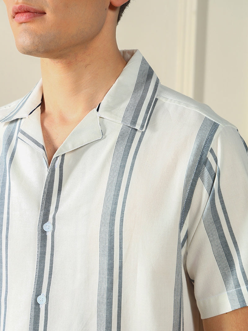 Dennis Lingo Men's  White Viscose Vertical stripes Cuban collar Casual Shirt