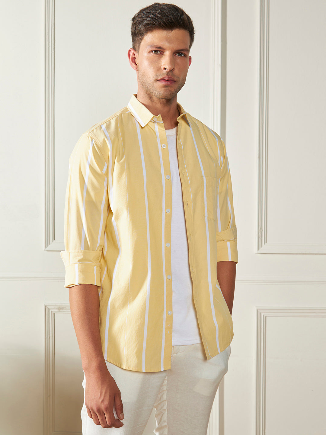 Dennis Lingo Men's Yellow 100% Cotton Striped Casual Cotton Shirt