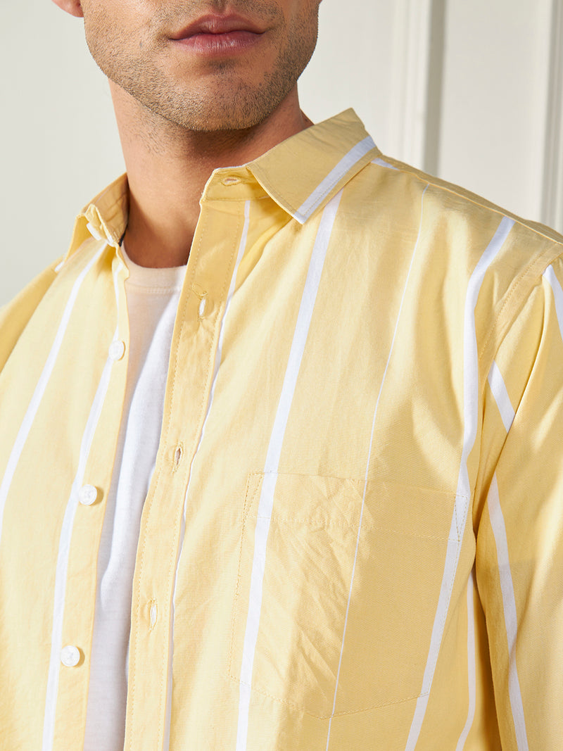 Dennis Lingo Men's Yellow 100% Cotton Striped Casual Cotton Shirt