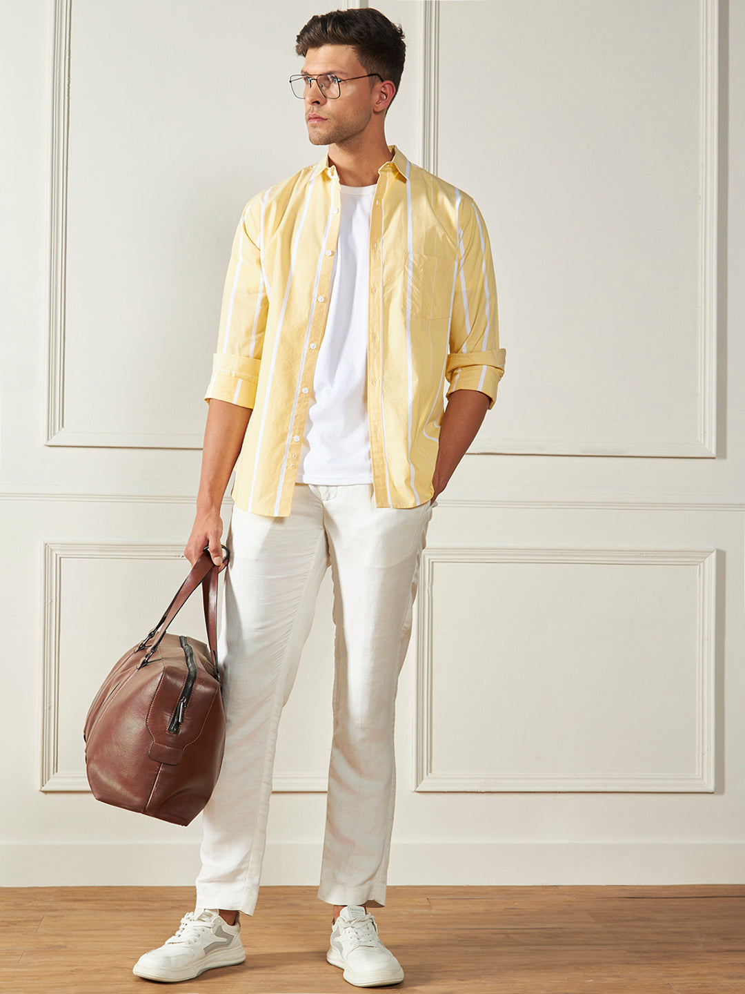 Men's Yellow 100% Cotton Striped Casual Cotton Shirt