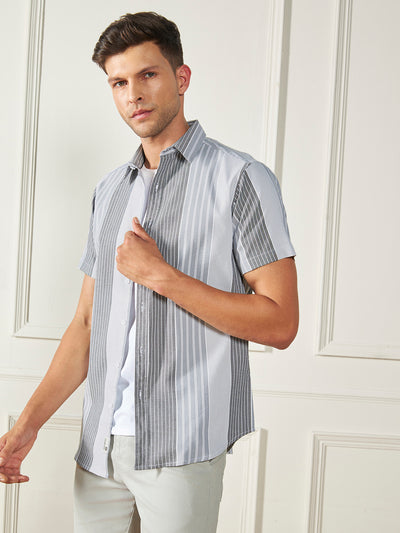 Dennis Lingo Men's Grey 100% Cotton Striped Casual Shirt
