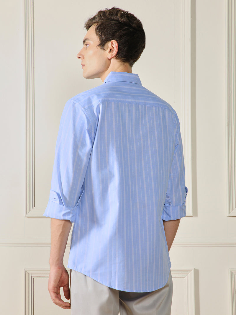 Dennis Lingo Men's Button Down Collar Regular Fit Stripes Blue Cotton Linen Shirt