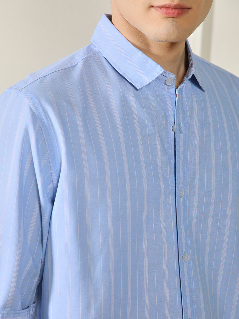 Dennis Lingo Men's Button Down Collar Regular Fit Stripes Blue Cotton Linen Shirt