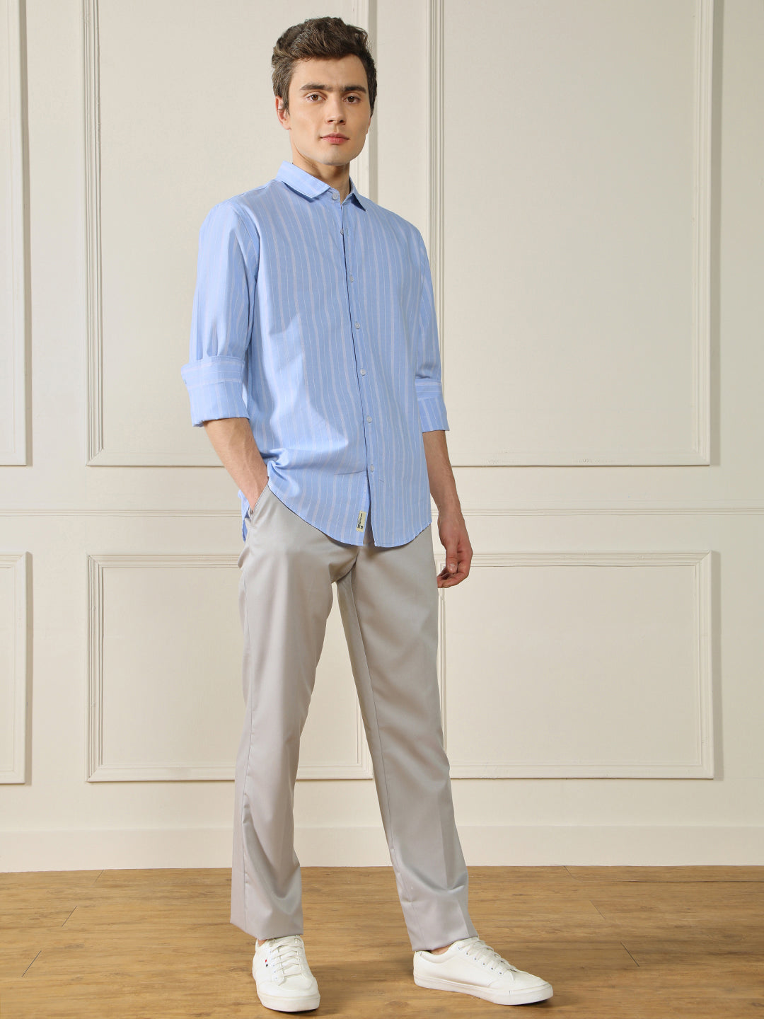 Men's Button Down Collar Regular Fit Stripes Blue Cotton Linen Shirt