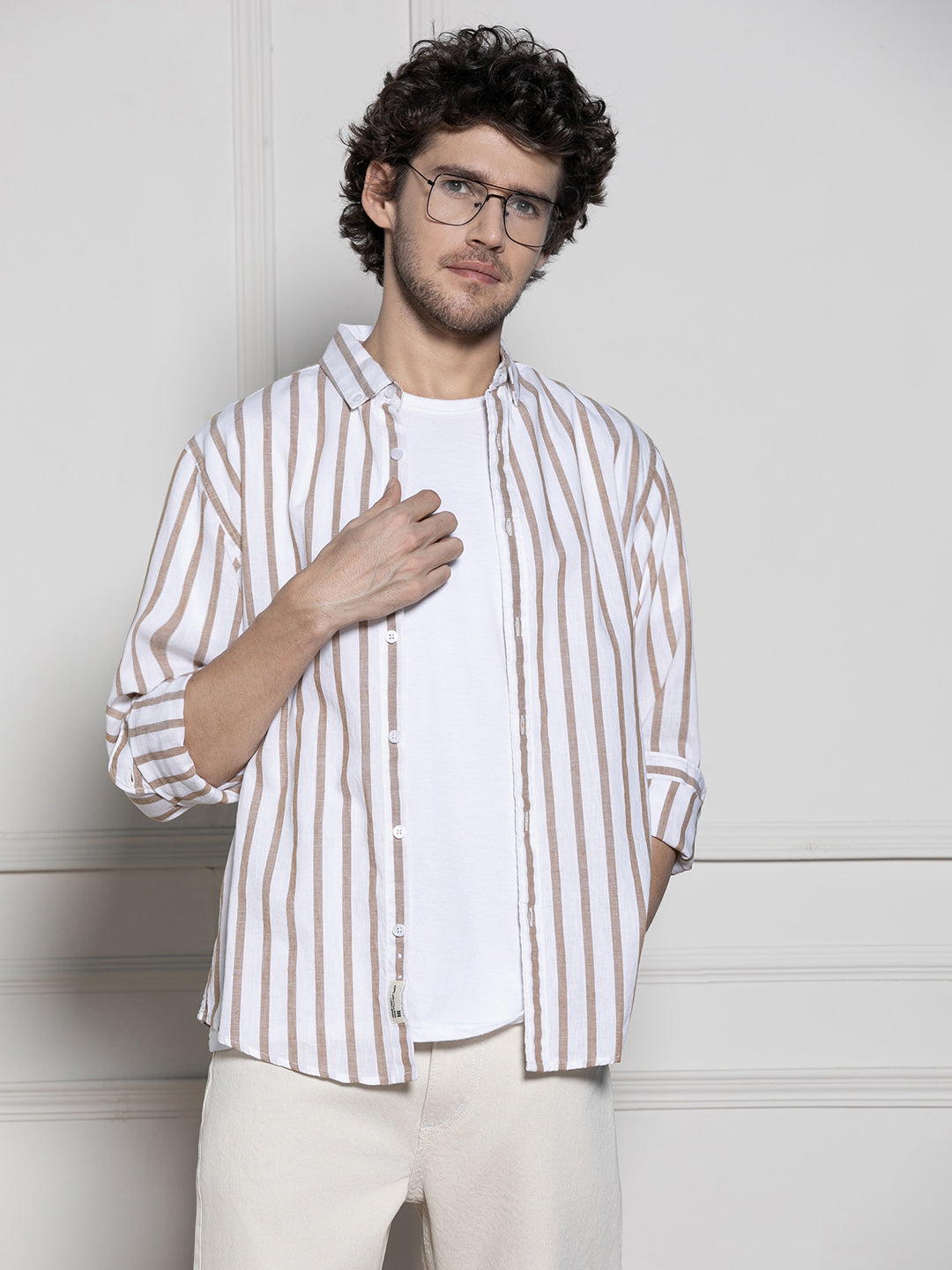 Dennis Lingo Men's Khaki Vertical Striped Casual Cotton Shirt – DENNIS ...
