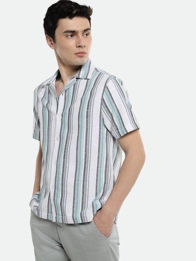 Men's Cuban Collar Regular Fit Stripes Blue Casual Shirt