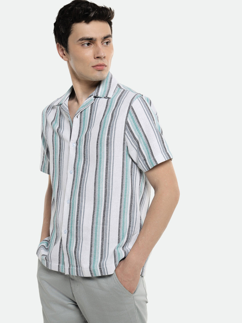 Men's Cuban Collar Regular Fit Stripes Blue Casual Shirt