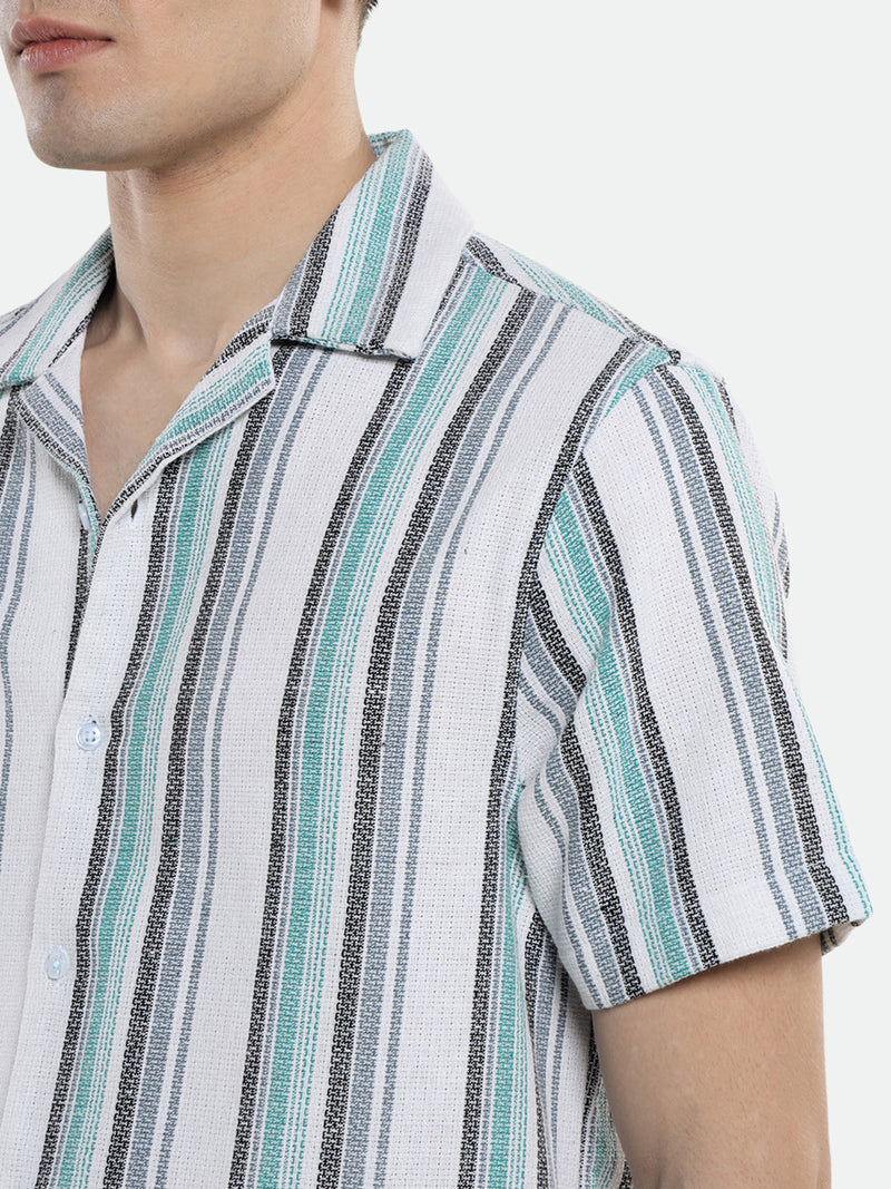 Men's Cuban Collar Regular Fit Stripes Blue Casual Shirt