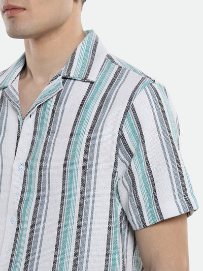 Men's Cuban Collar Regular Fit Stripes Blue Casual Shirt