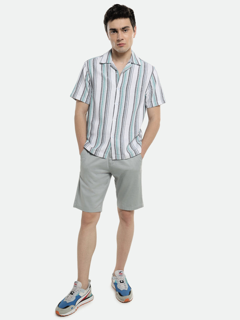 Men's Cuban Collar Regular Fit Stripes Blue Casual Shirt