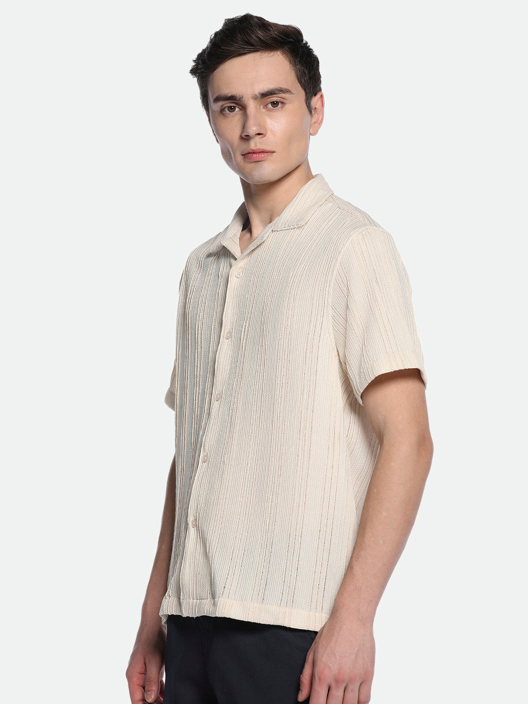 Men's Beige Textured Striped Cuban Collar Half Sleeves Seersucker Casual Shirt